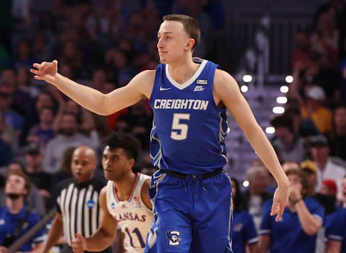 Creighton Bluejays guard Alex O'Connell (5) reacts against the Kansas Jayhawks during the second round of the 2022 NCAA Tournament at Dickies Arena.